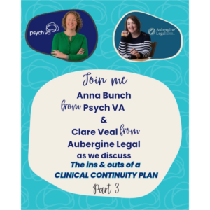 Anna Bunch from Psych VA and Clare Veal from Aubergine Legal discussing ethical standards and compliance as part of a Clinical Continuity Plan video series.