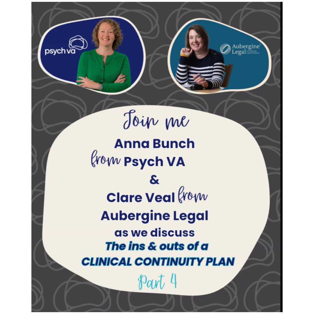 Anna Bunch from Psych VA and Clare Veal from Aubergine Legal discussing choosing a clinical agent as part of a Clinical Continuity Plan video series.